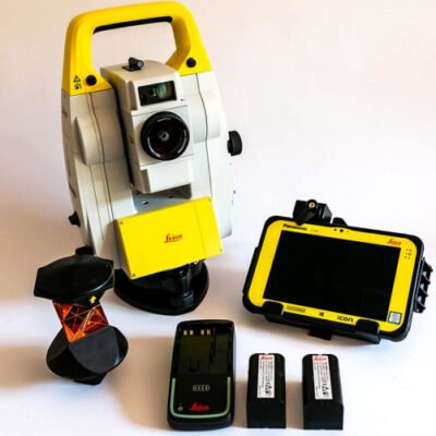 Leica iCT30 automatic total station performing robotic construction layout on building site